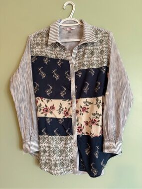 Alia Patchwork Button Up Shirt M Crinkle Accordion Boho Cottagecore Grandmacore